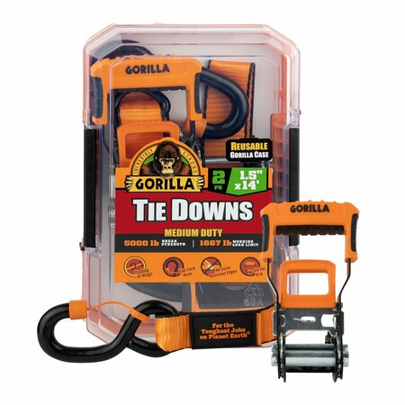 GORILLA TIE DOWN 1.5in x 14ft 5000 lb Ratchet Strap w/ Floating D Ring / Gorilla, 2PK 93004